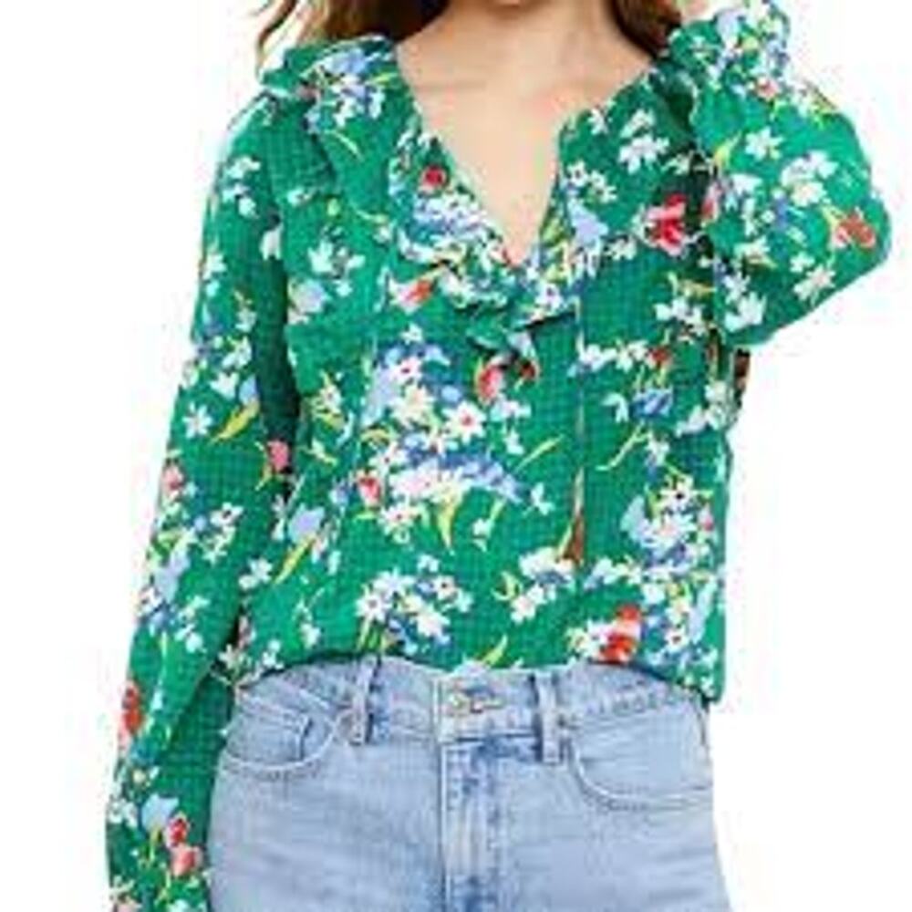 NEW NWT Loft Bouquet Ruffle Tie Neck Blouse Kelly Green Size LP